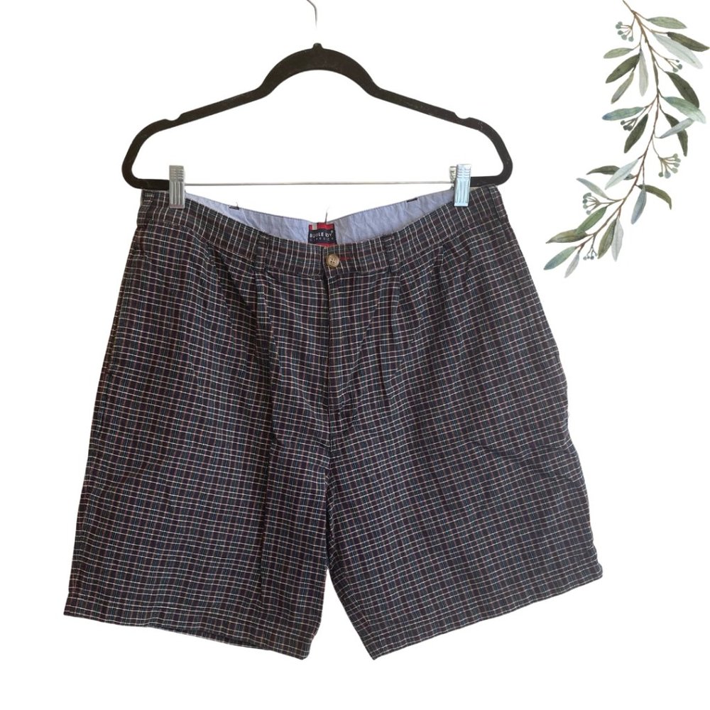 Vintage Bugle Boy Men's Red and Navy Plaid Pleat Front Golf Shorts 36W
